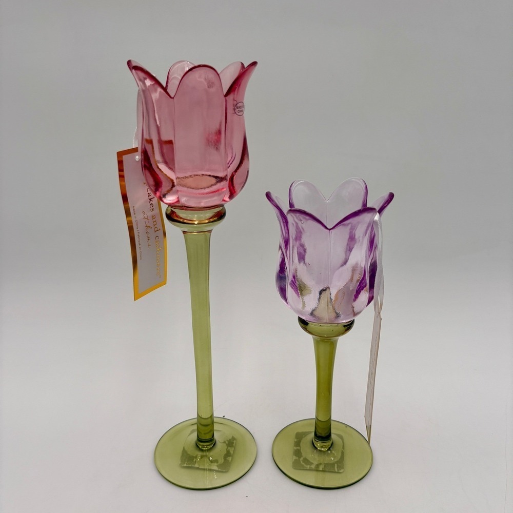 Cupcakes and Cashmere Set of 2 Tulip Glass Tea Light Candle Holders Pink Purple